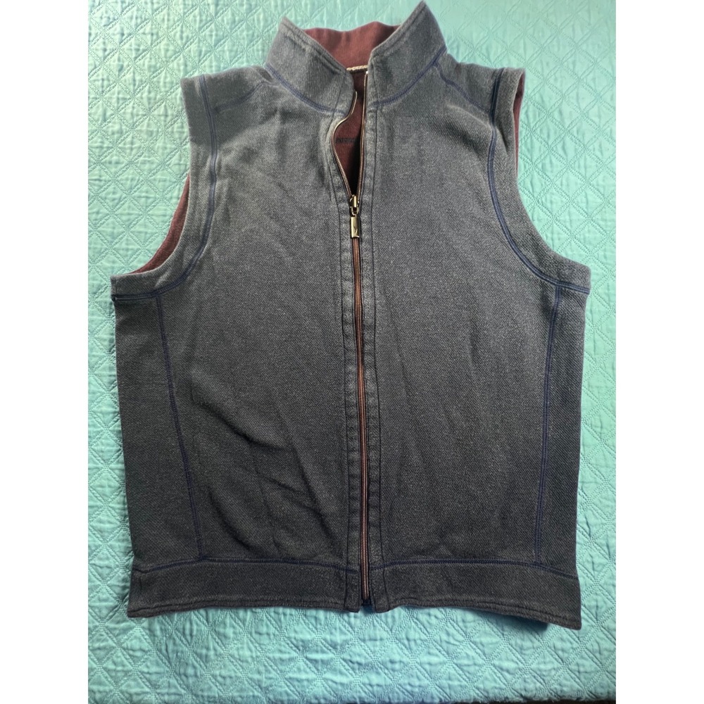 Tommy Bahama Mens Full Zip Mock Neck Textured Knit Vest Blue Maroon Size L